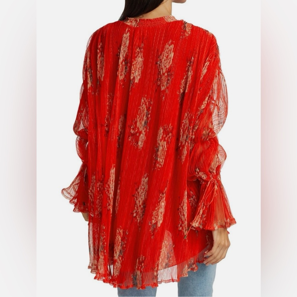 Free People Red Floral Pleated Boho Tunic Blouse Bell Sleeve Small - Picture 4 of 7